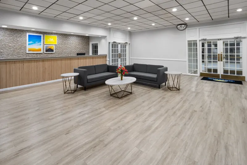 Front desk and lobby seating near the main doors